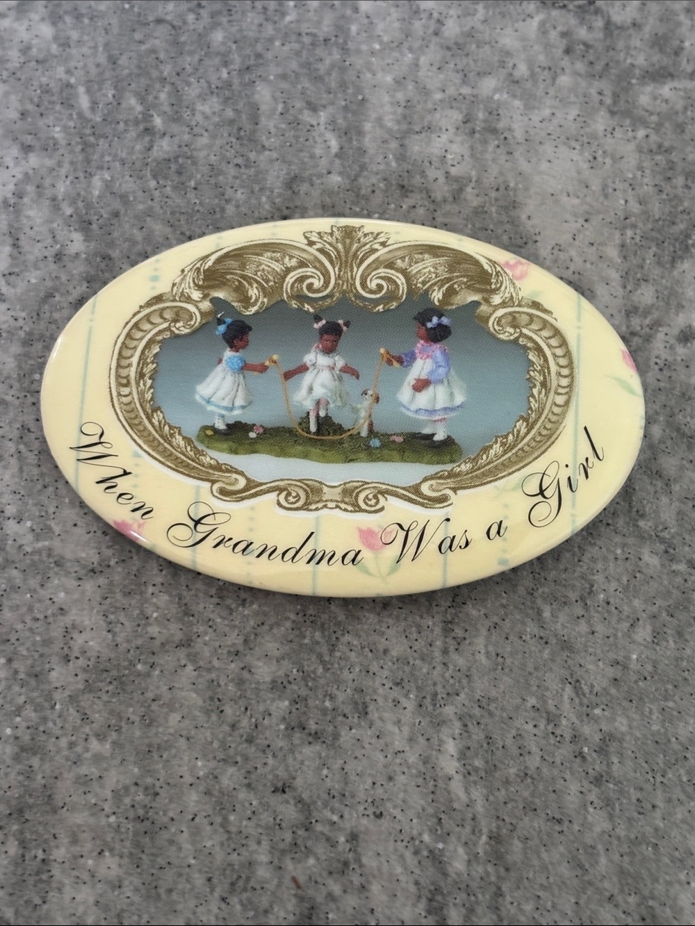 “When Grandma Was a Girl” Pin in Cream Pastel Accents Black Americana Scene